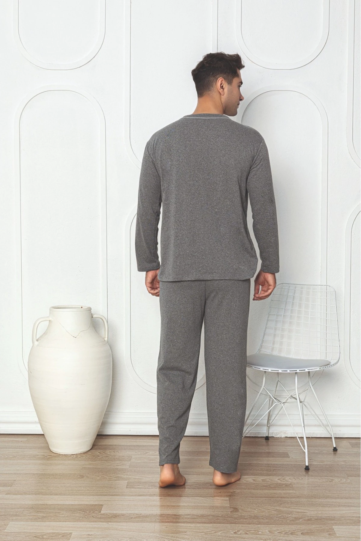Erkek Önden Düğmeli Gri Erkek Pijama Takımı