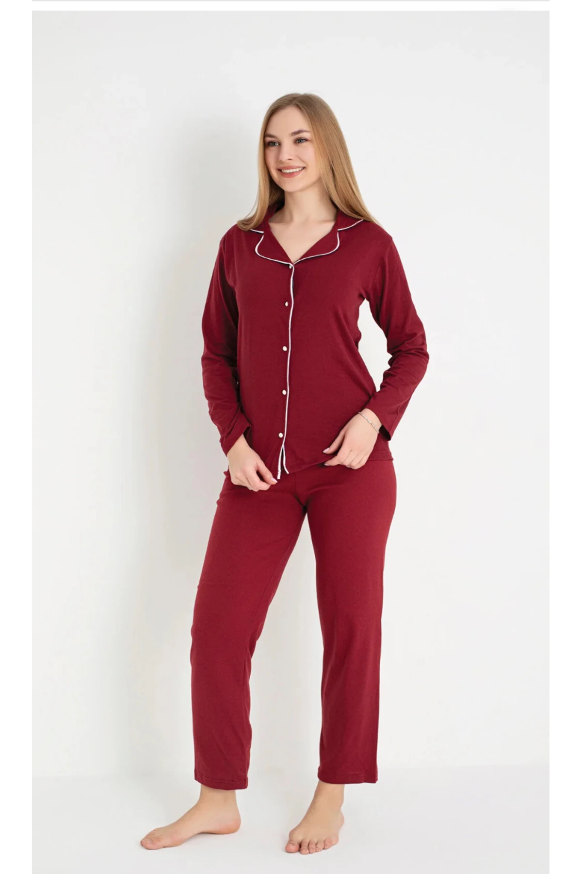  Gömlek Uzun Kol Pijama Takımı Koyu Bordo