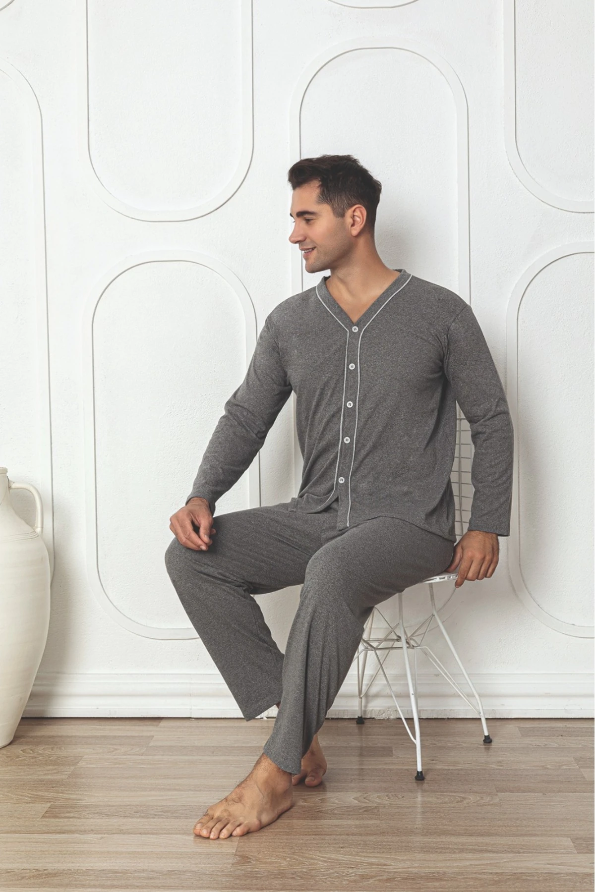 Erkek Önden Düğmeli Gri Erkek Pijama Takımı