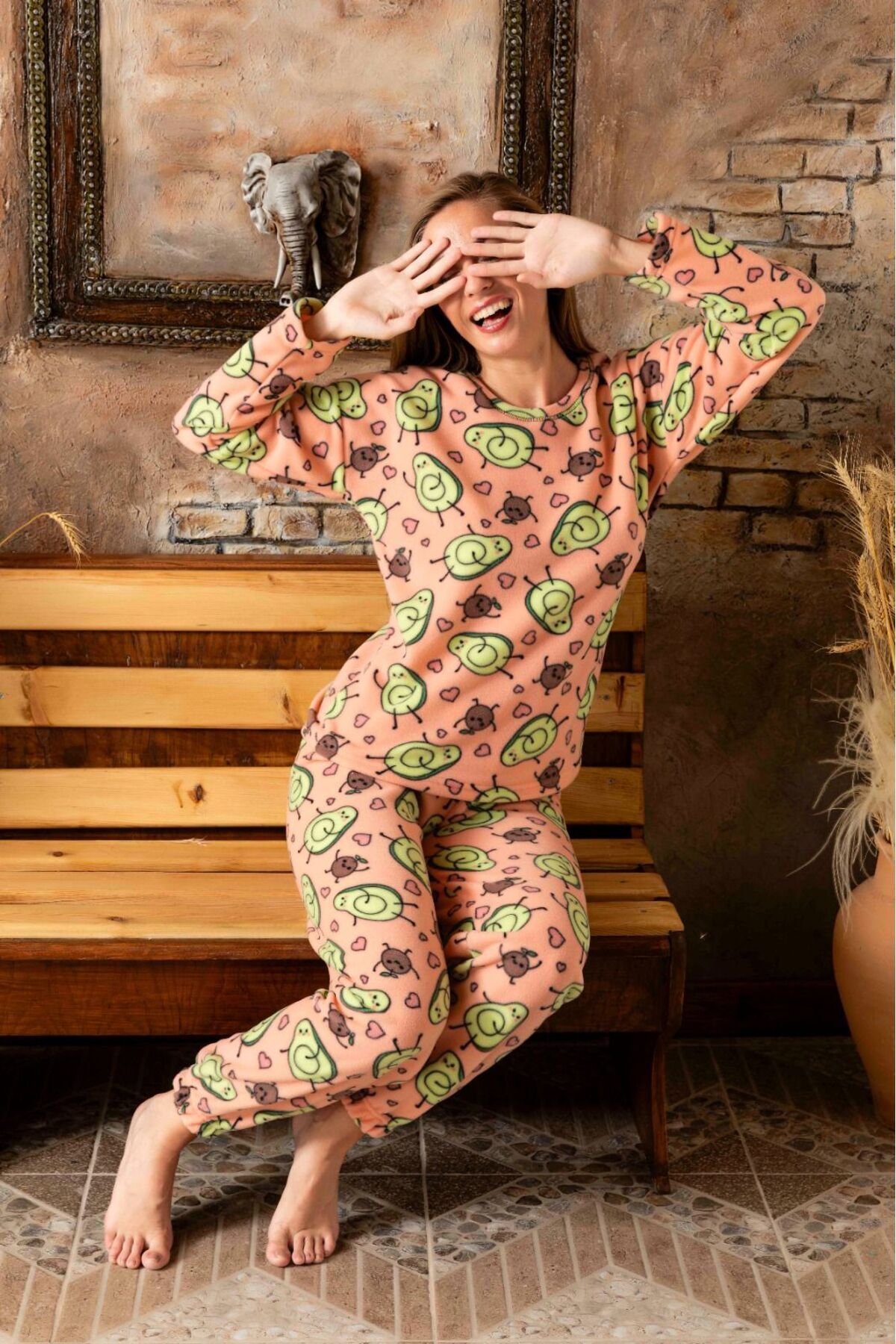 Pembe Love Avokado Peluş Pijama Takımı