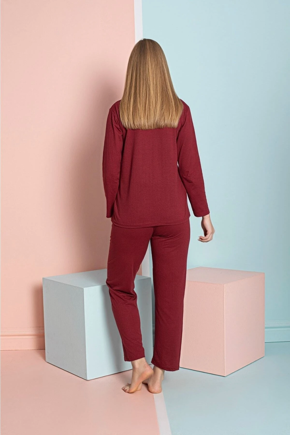  Gömlek Uzun Kol Pijama Takımı Koyu Bordo