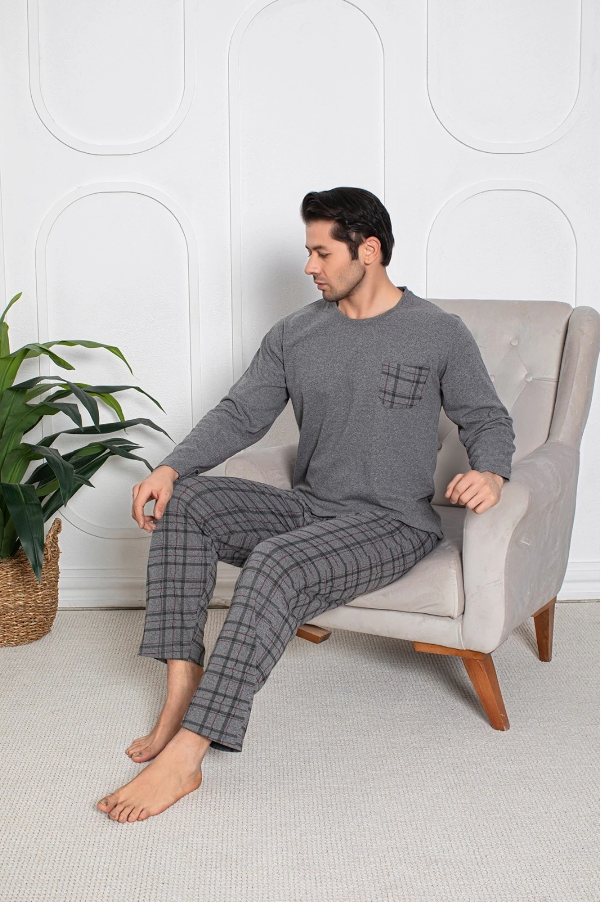 Erkek Gri Üst Cepli Pijama Takımı