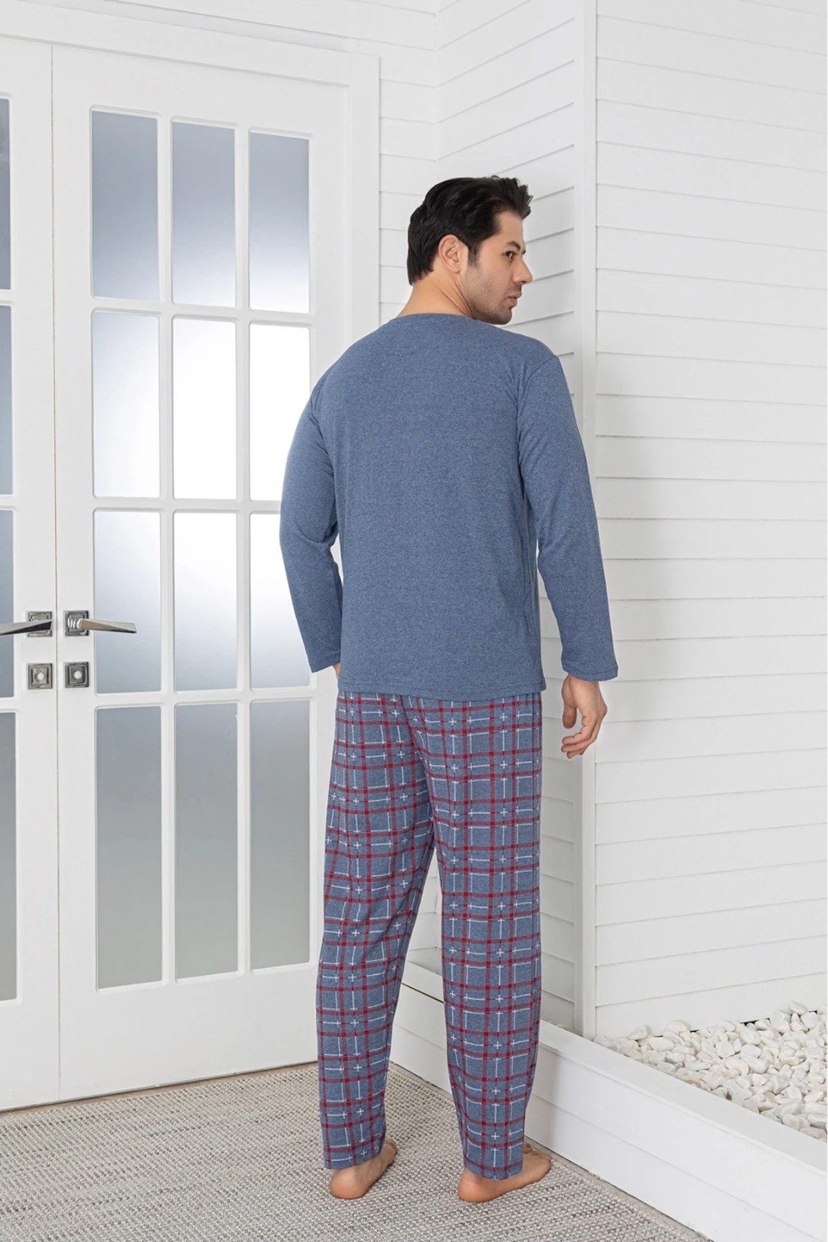  Erkek Alt Kare Üst Cepli Açık Mavi Pijama Takımı