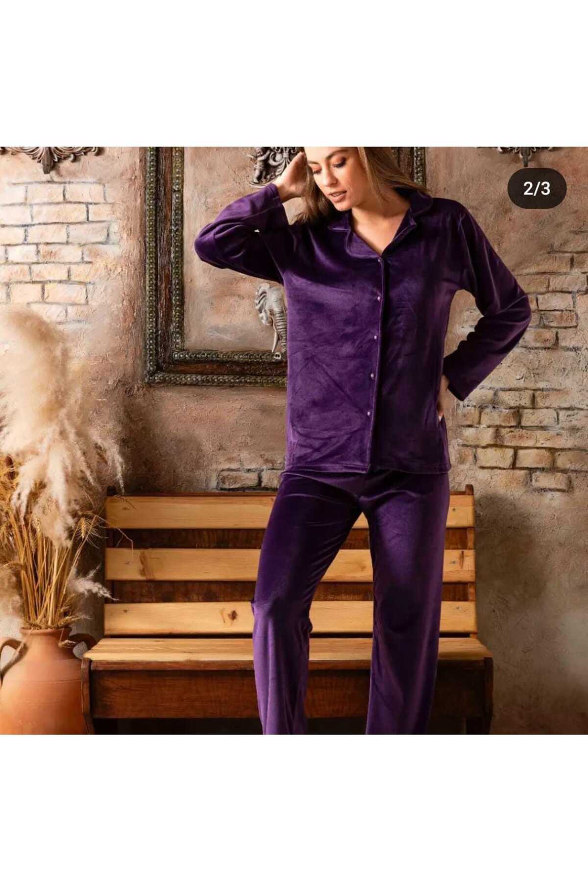 Kadın Kadife Gömlek Pijama Takımı Mor