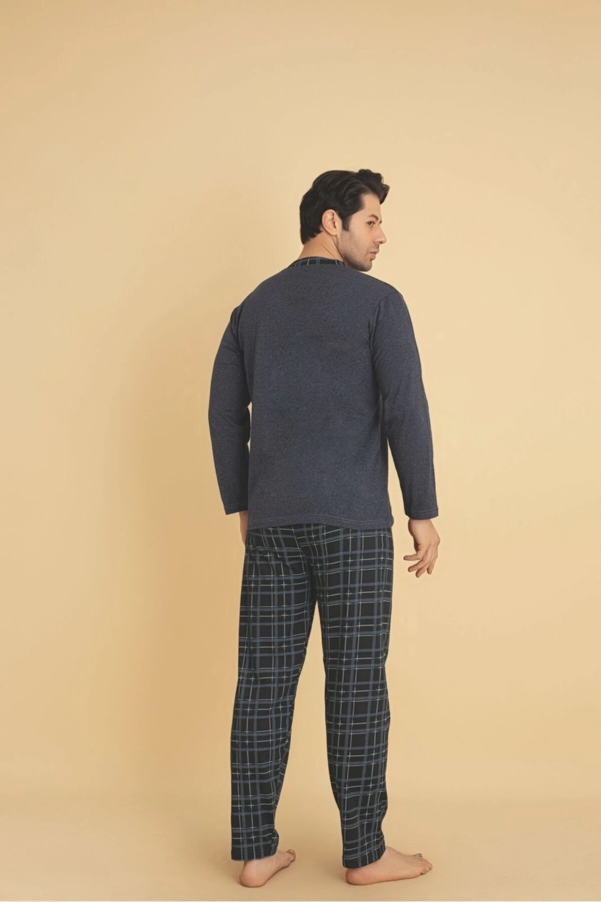 Erkek Alt Kareli Üst Yaka Düğmeli Koyu Gri Pijama Takımı