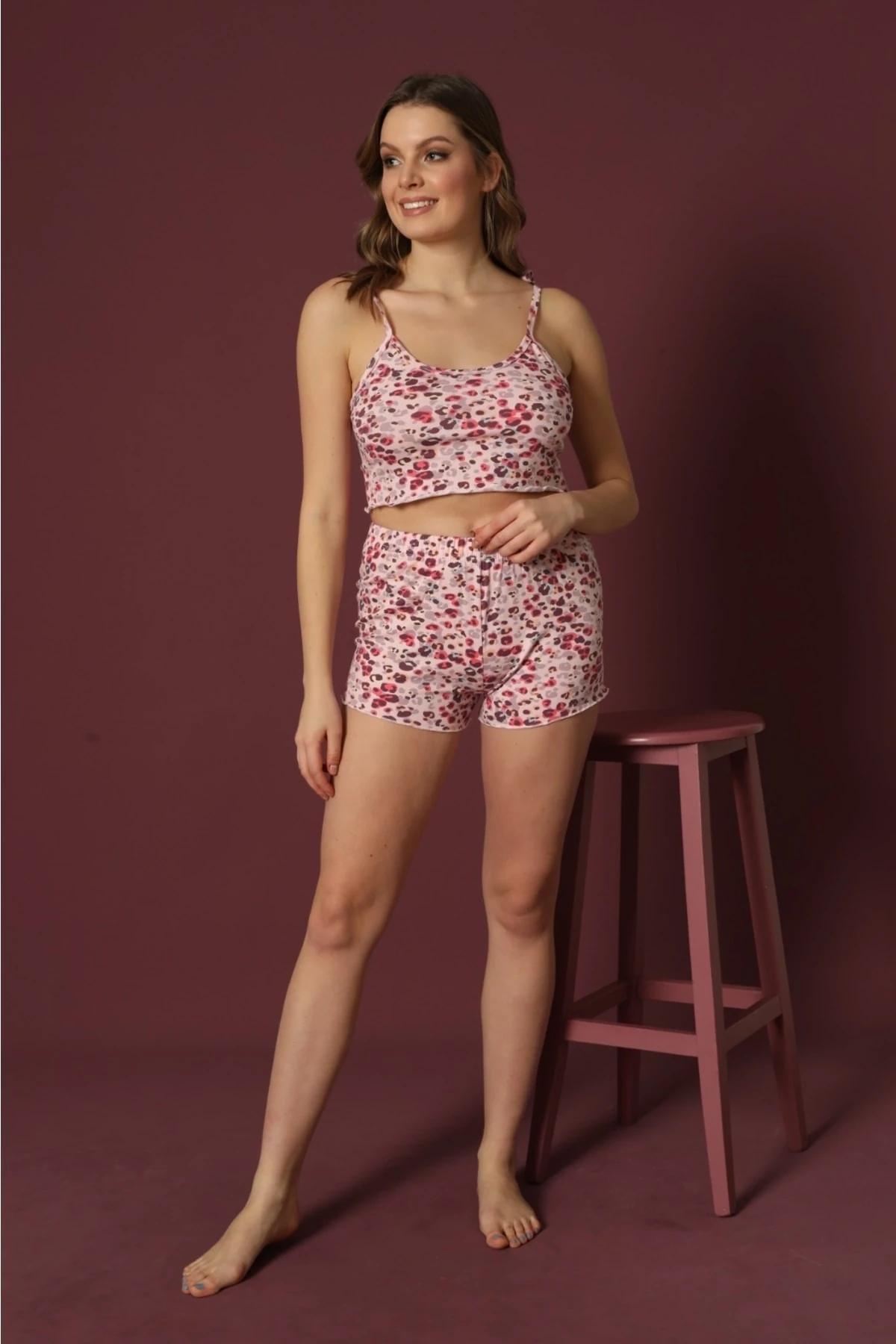 Sude Kadın Ip Askılı Fırfırlı Şort Desenli Pembe Pijama Takımı