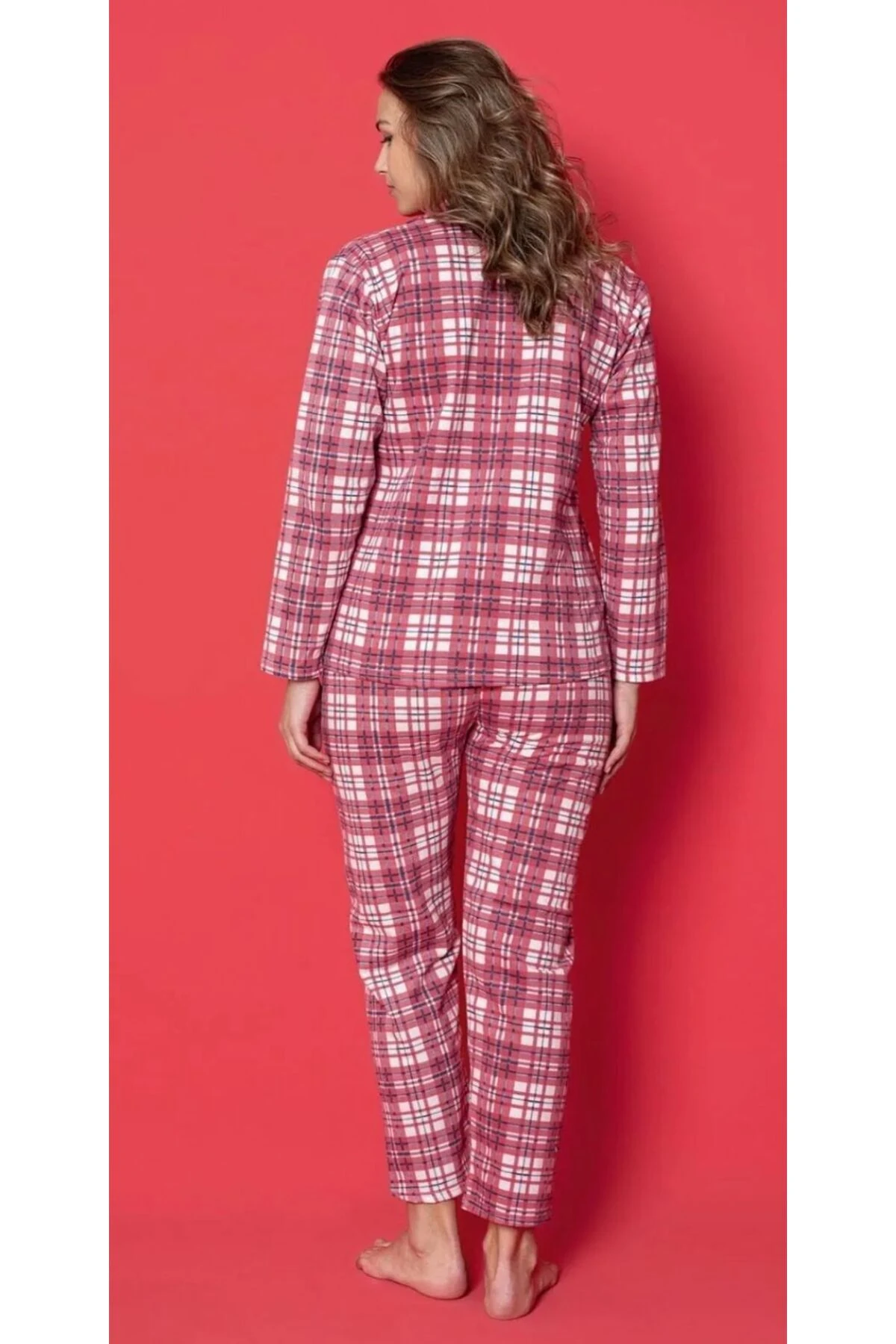 Bayan 2 İplik Kırmızı Beyaz Kareli Genç Pijama Takımı