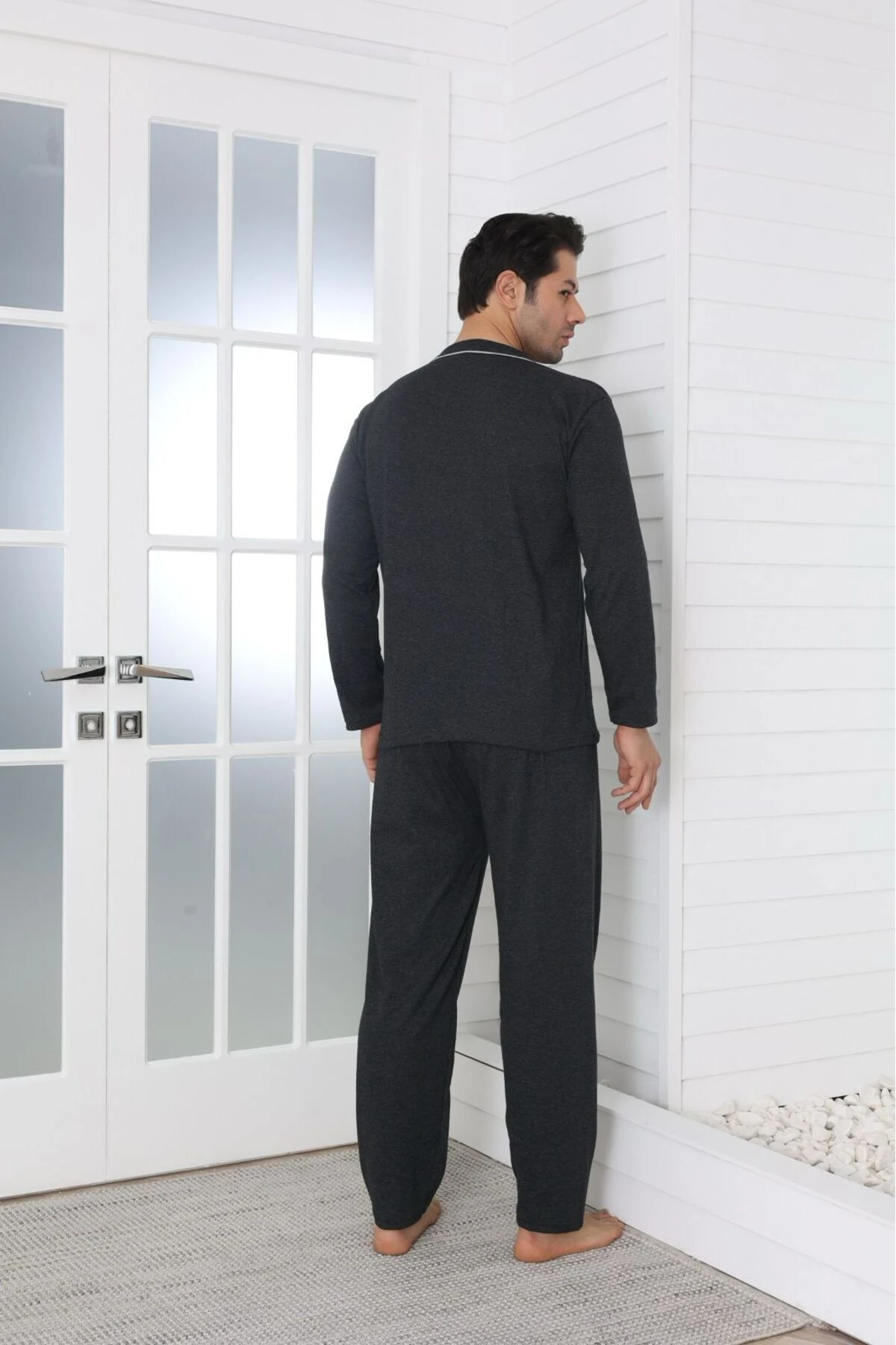 Önden Düğmeli Siyah Erkek Pijama Takımı