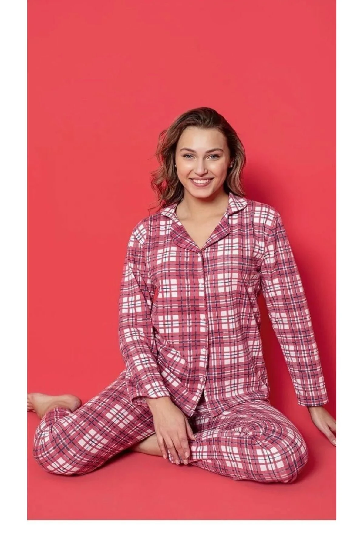 Bayan 2 İplik Kırmızı Beyaz Kareli Genç Pijama Takımı