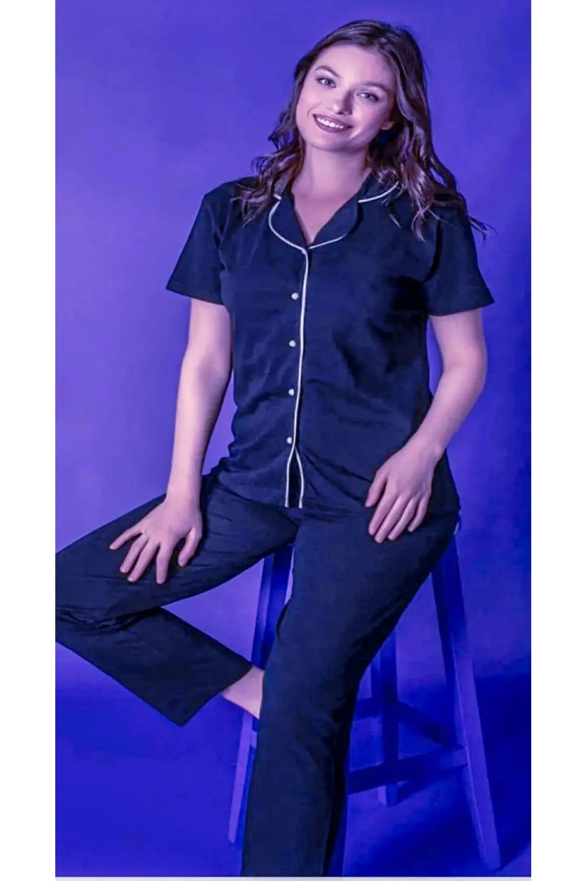 Kadın Kısa Kol Lacivert Gömlek Pijama Takımı