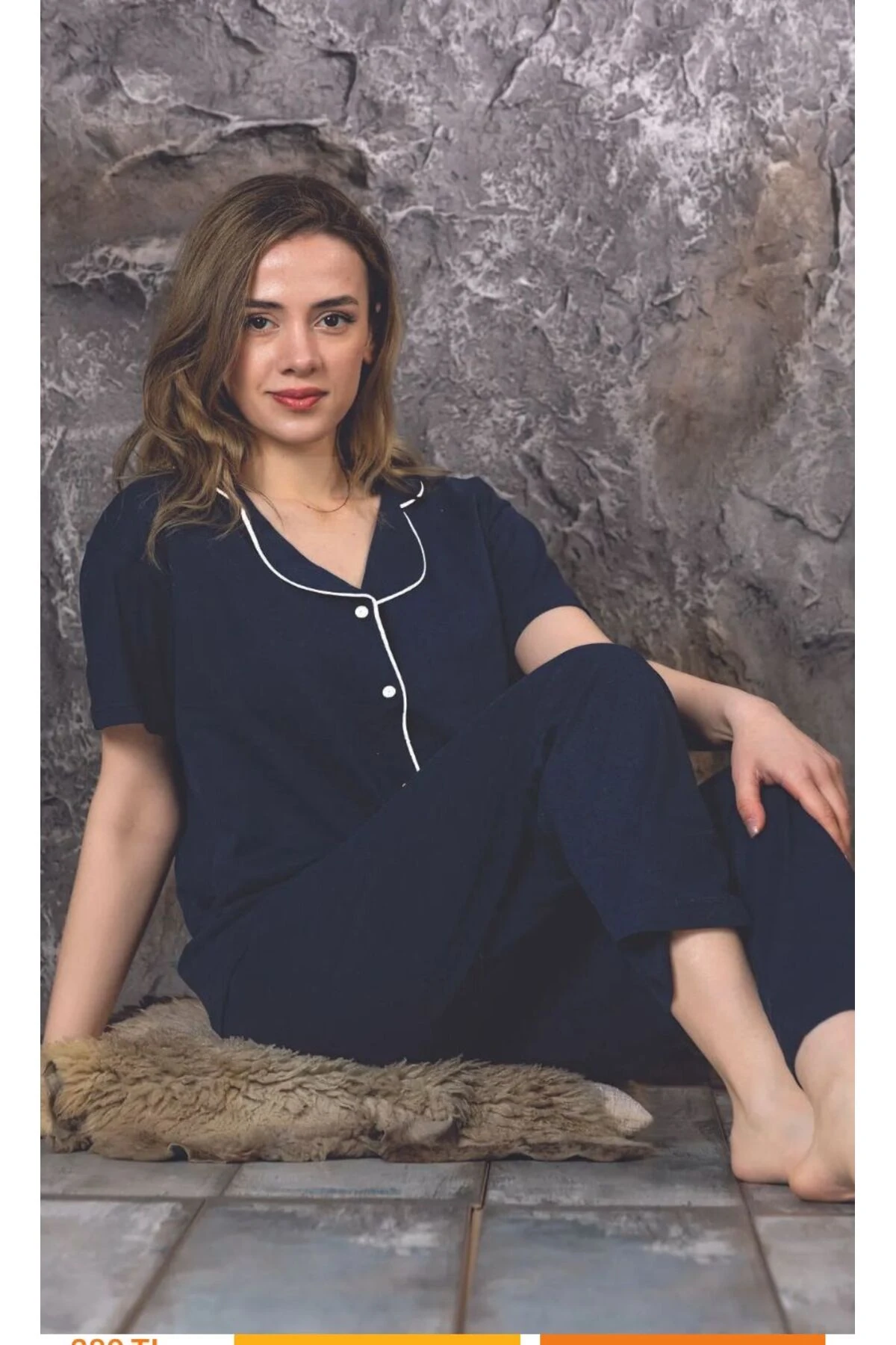 Kadın Kısa Kol Lacivert Gömlek Pijama Takımı