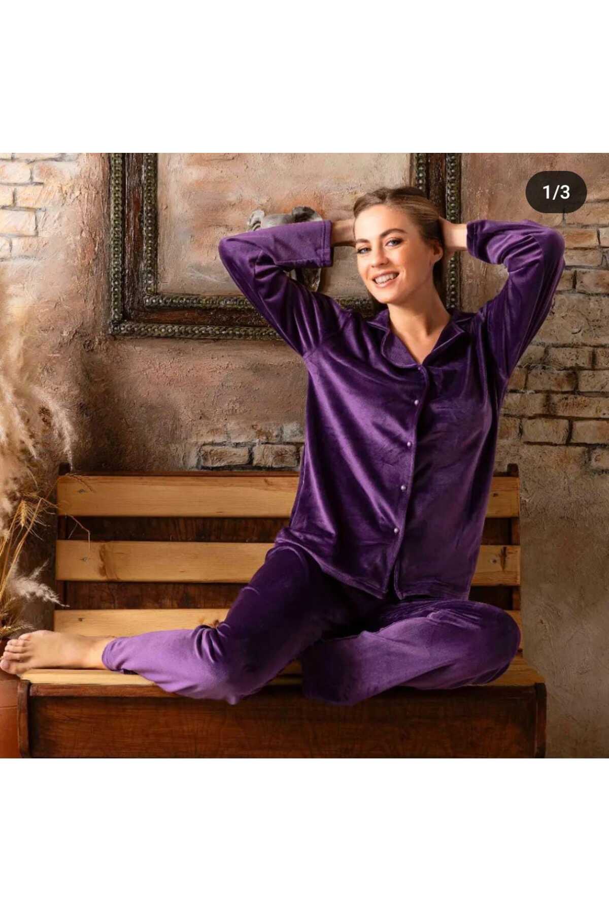 Kadın Kadife Gömlek Pijama Takımı Mor