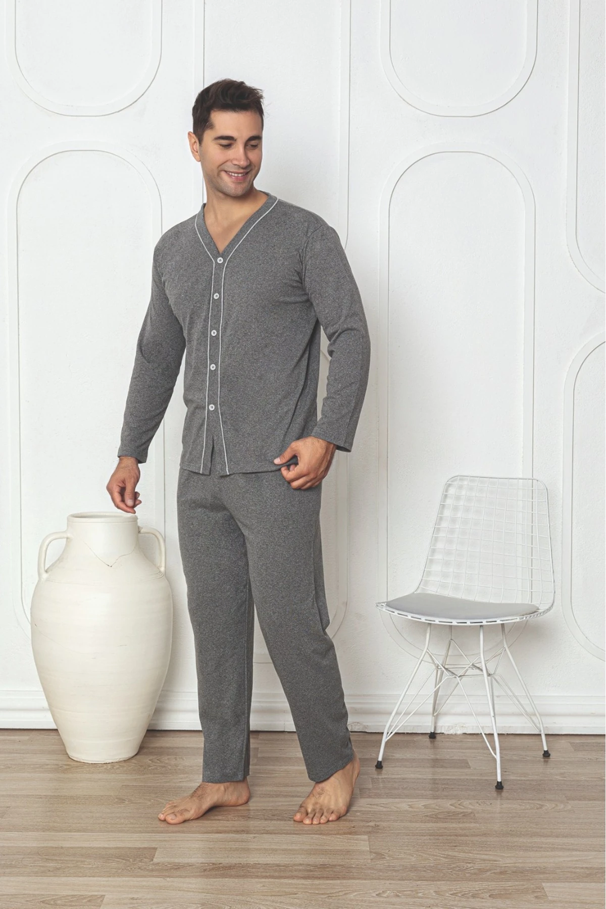 Erkek Önden Düğmeli Gri Erkek Pijama Takımı