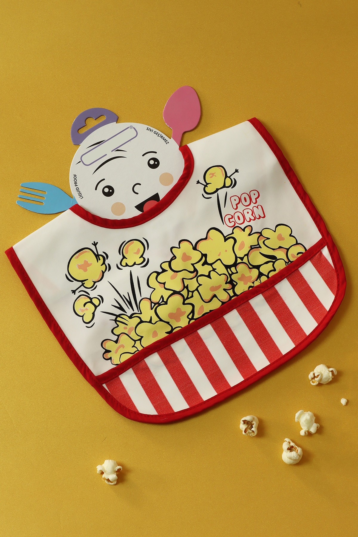 Popcorn Tasarımlı Bebek Mama Önlüğü (Beyaz)