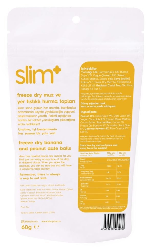 SLİM PLUS - GLUTENSİZ MUZLU RAW BİTES (60G)