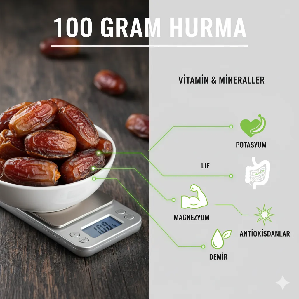 Hurmanın besin değeri ve 100 gram hurmada yüksek oranda bulunan potasyum ve lif.