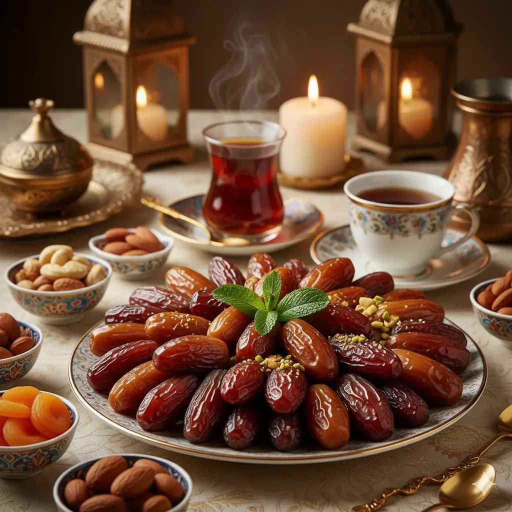 Ramazan sofrası için hazırlanan karışık hurma tabağı çeşitleri