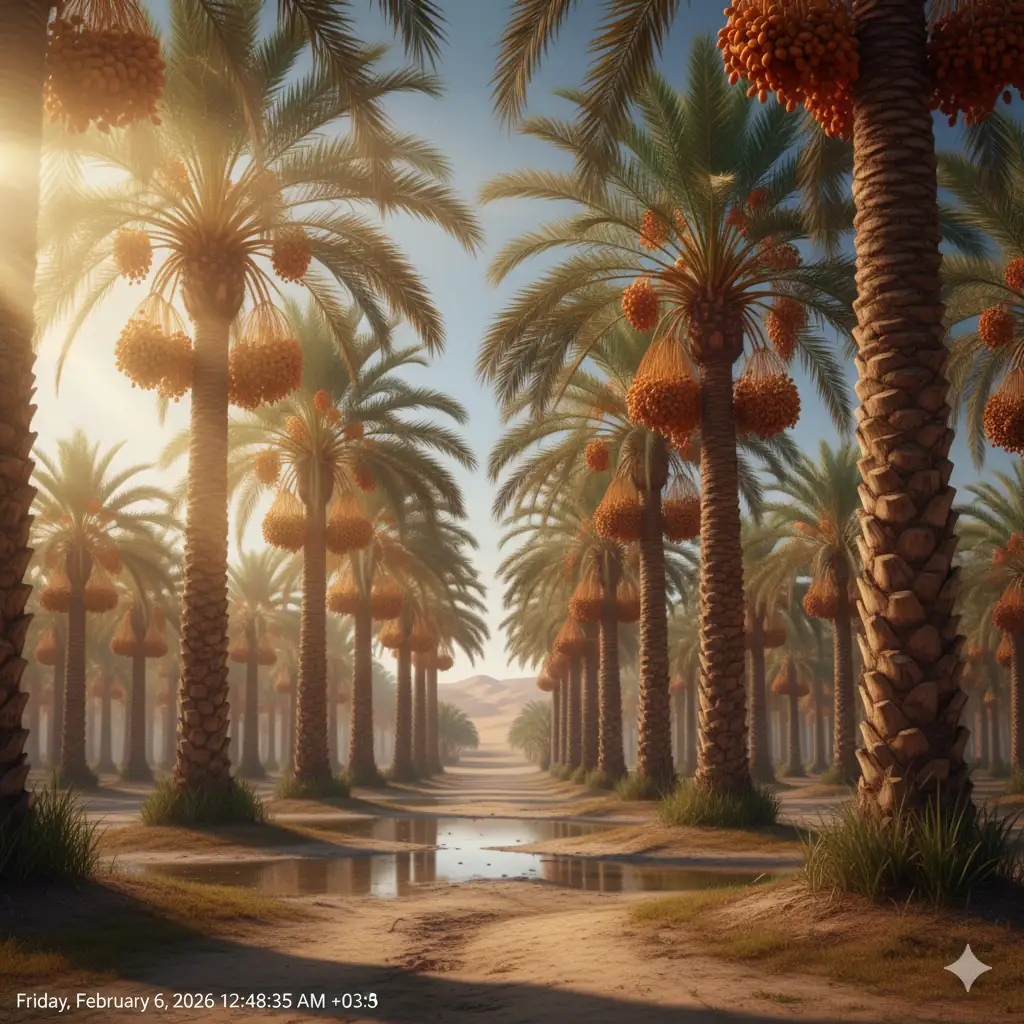 &nbsp;Çölde yetişen verimli hurma ağaçları ve hurma salkımları