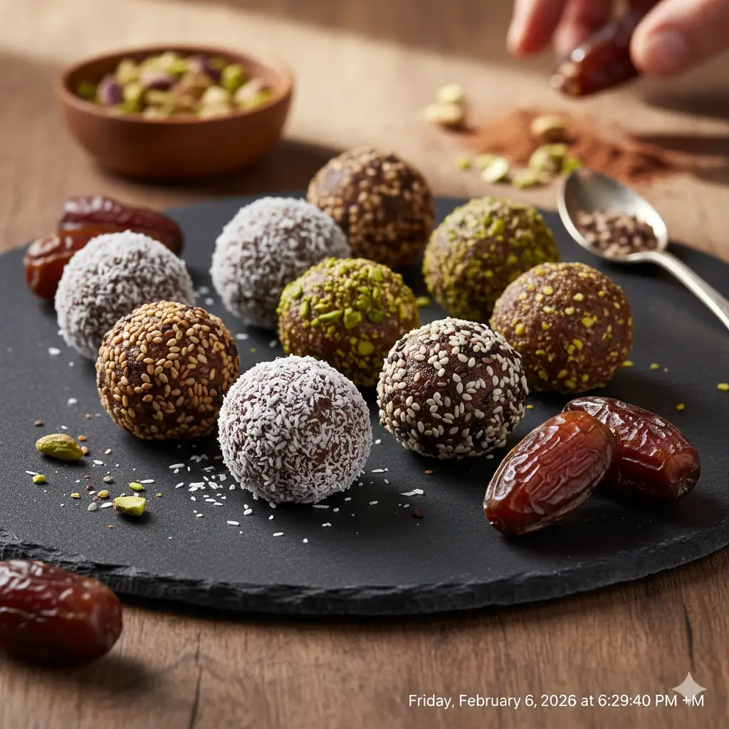 Rafine şekersiz hurmalı tarifler ve sağlıklı atıştırmalık tabağı.