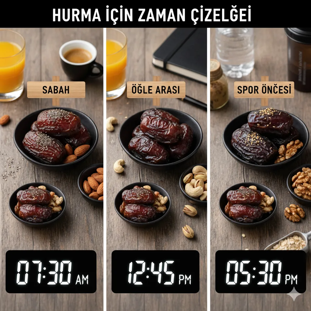 &nbsp;Hurma tüketim zamanı stratejisi: Sabah, öğle arası ve hurma spor öncesi kullanımı.
