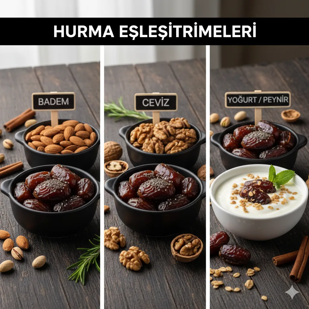 Porsiyon kontrolü ve eşleştirme: Hurma, tok tutması için mutlaka kuruyemiş veya protein ile birlikte tüketilmelidir.
