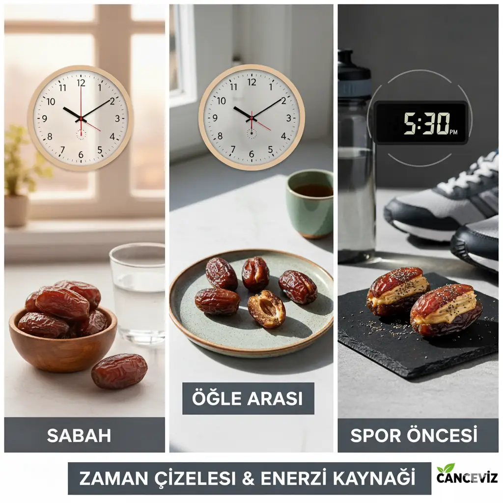 Hurma tüketim zamanı stratejisi: Sabah, öğle arası ve hurma spor öncesi kullanımı.