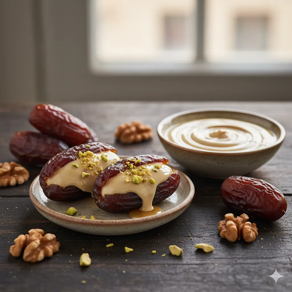 Hurma ve tahin faydaları: Lif ve protein açısından zengin, dengeli bir sağlıklı atıştırmalıklar ikilisi.