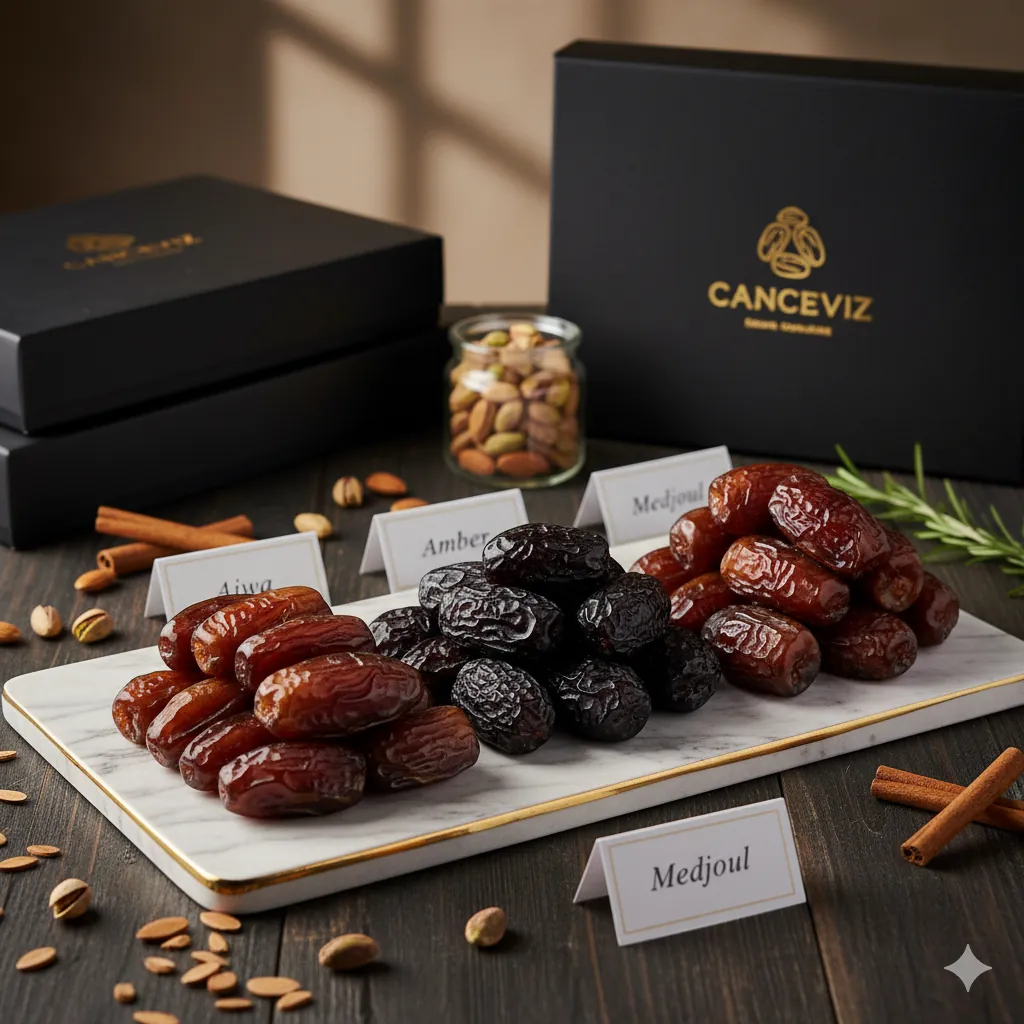 En pahalı hurma çeşitleri: Acve, Amber ve Medjoul hurmalarının lüks sunumu.