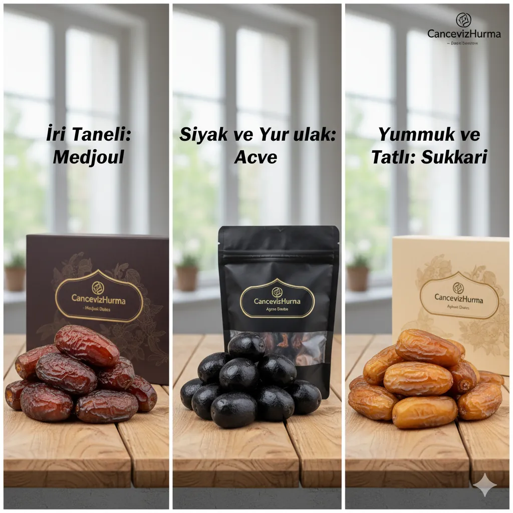 CancevizHurma'dan en iyi hurma çeşidi seçimi: Medjoul, Acve ve Sukkari'nin karşılaştırmalı görünümü.