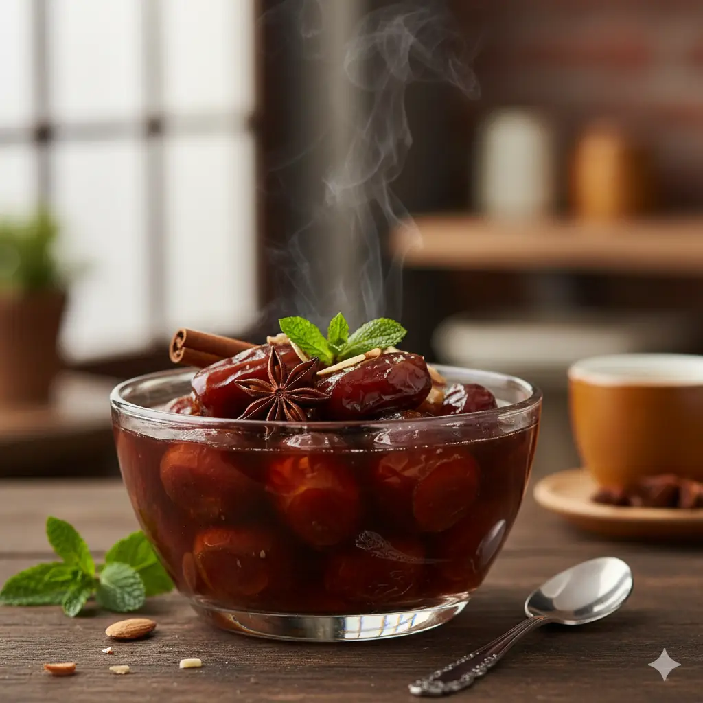 Geleneksel rafine şekersiz hurma hoşafı sunumu