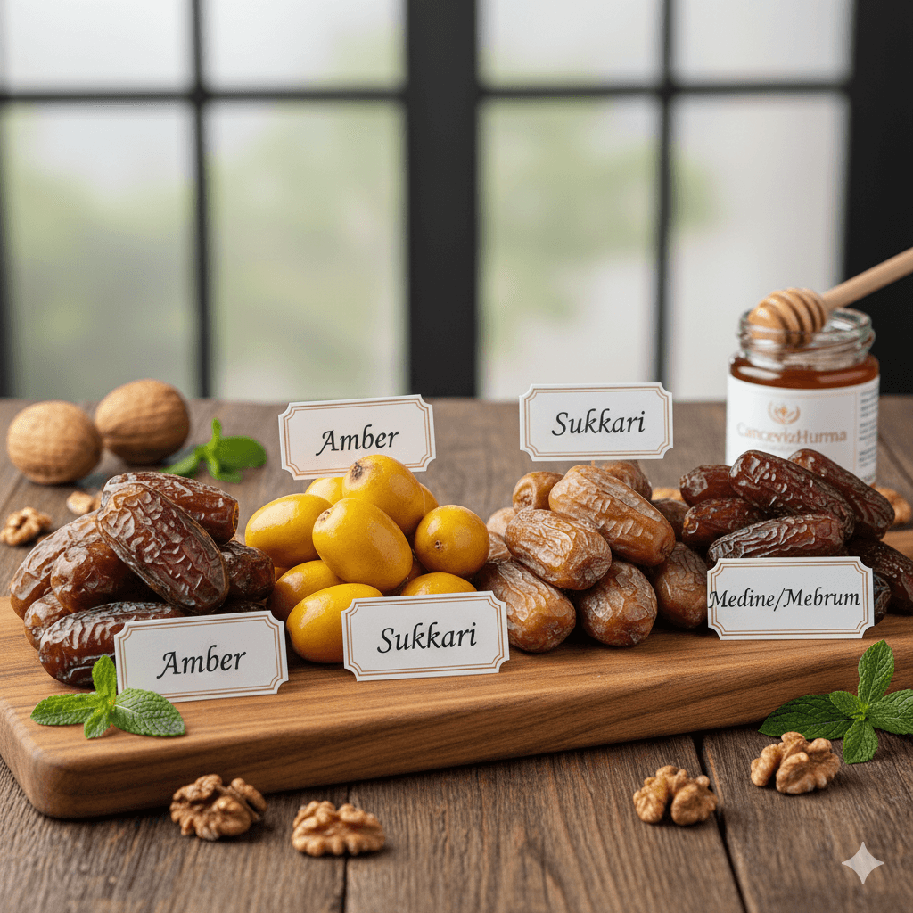 Amber, Barhi, Sukkari ve Mebrum hurmalarının boyut ve renk farklılıkları.