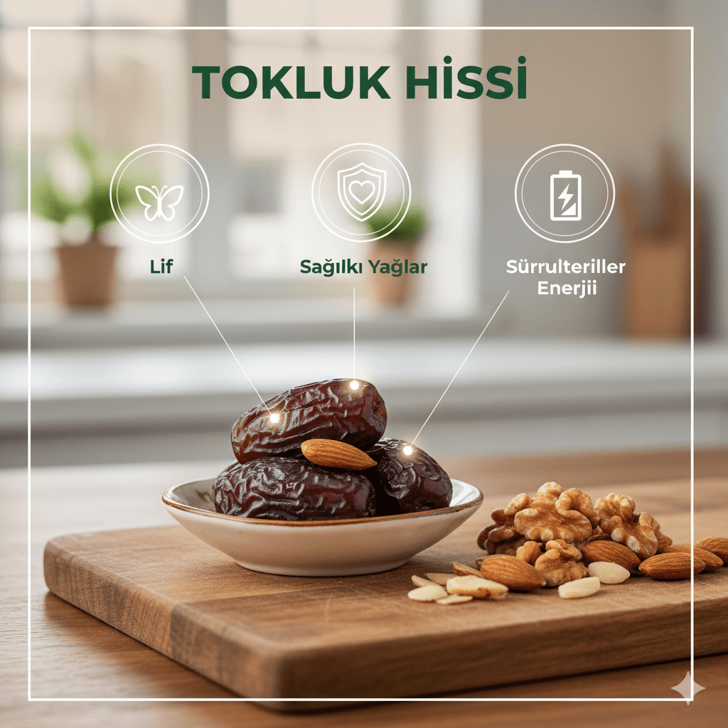 Hurma, lifli gıdalar ve sağlıklı yağlarla eşleştirilerek tatlı krizlerine çözüm sunar.