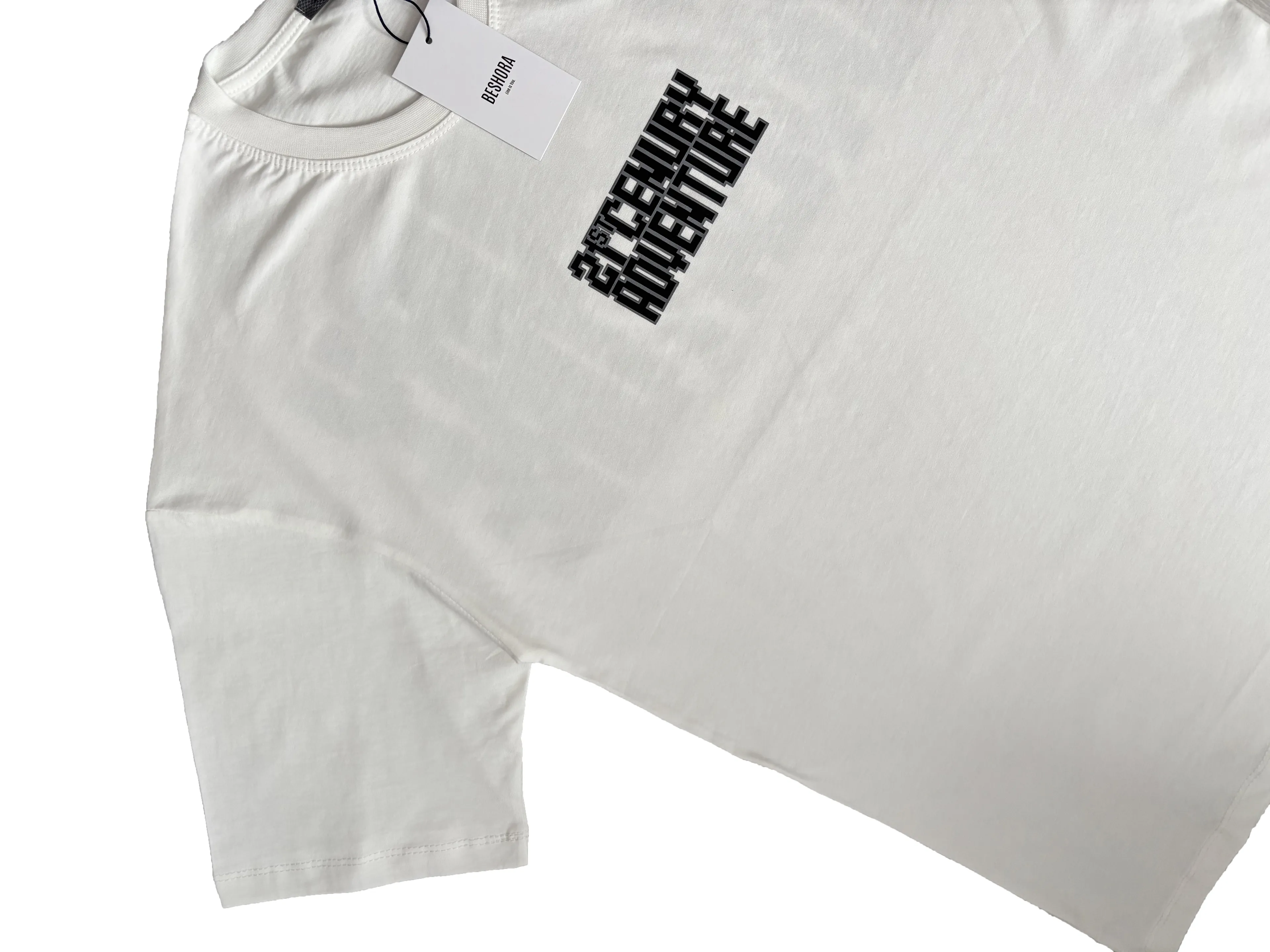 21ST Baskılı Beyaz Bisiklet Yaka Kısa Kollu Oversize Erkek Tişört