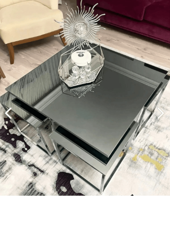 Metal Ekübya Home 4+1 Kare Pizza Orta Sehpa Gümüş Ayak Füme Ayna 5'li
