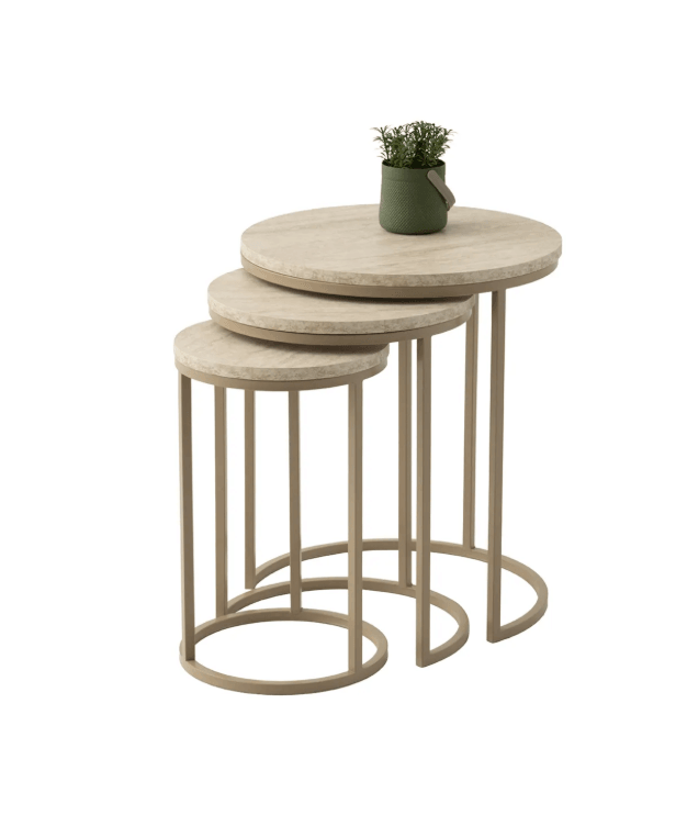 Dünya Yuvarlak Zigon Sehpa Sidon Desen 3'lü Set, Cappicino Metal Ayak, İç İçe Geçebilir