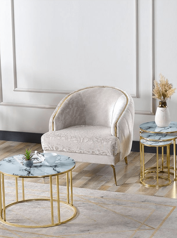 4 Lü Beyaz Mermer Temperli Kırılmaz Cam Gold Metal Ayaklı Cam C Model Sehpa Takımı (ZİGON VE ORTA)