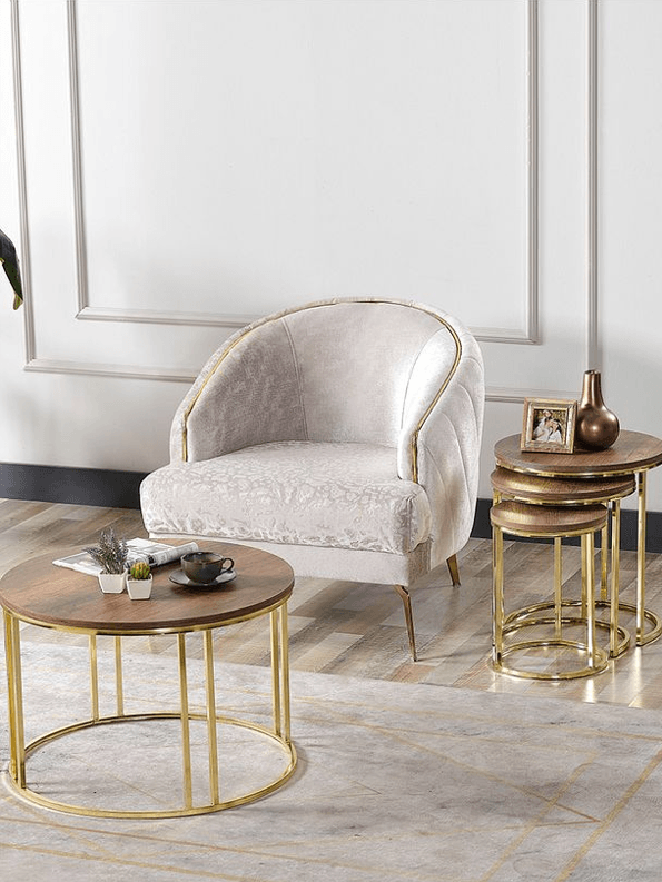 4 Lü Koyu Ceviz Ahşap Gold Metal Ayaklı Ahşap C Model Sehpa Takımı (ZİGON VE ORTA)