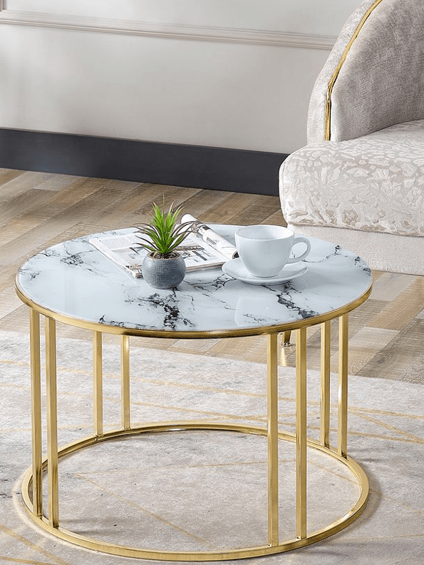 Salon Orta Sehpa Temperli BEYAZ MERMER (Kırılmaz) Cam (GOLD) Metal Ayak Orta Sehpa