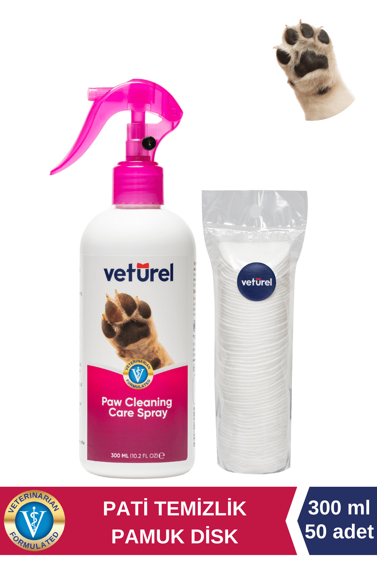 Köpek Pati Temizleme Parfümsüz Koku Giderici Tüy Kir Bakım Spreyi 300ml Disk Pamuk 50li