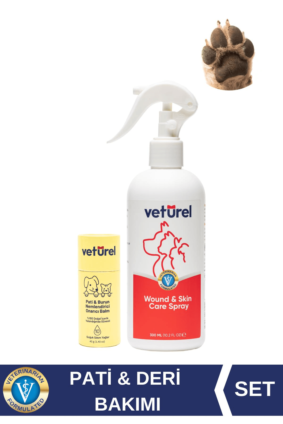 Kedi Köpek Pati Balm %100 Doğal Nemlendirici 40g + Yara Deri Yanık Hipokloröz Bakım Spreyi 300ml