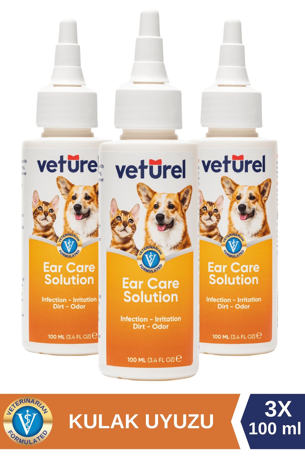 Kedi Kulak Temizleme Damlası Köpek Enfeksiyon Kaşıntı Kedi Kulak Uyuzu Koku Önleyici Bakım 3x100ml