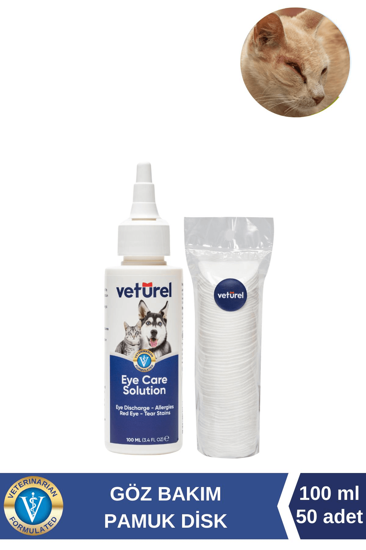 Veturel Kedi Göz Temizleme Solüsyonu Akıntı Alerji Kızarıklık Gözyaşı Lekesi 100ml Disk Pamuk 50li