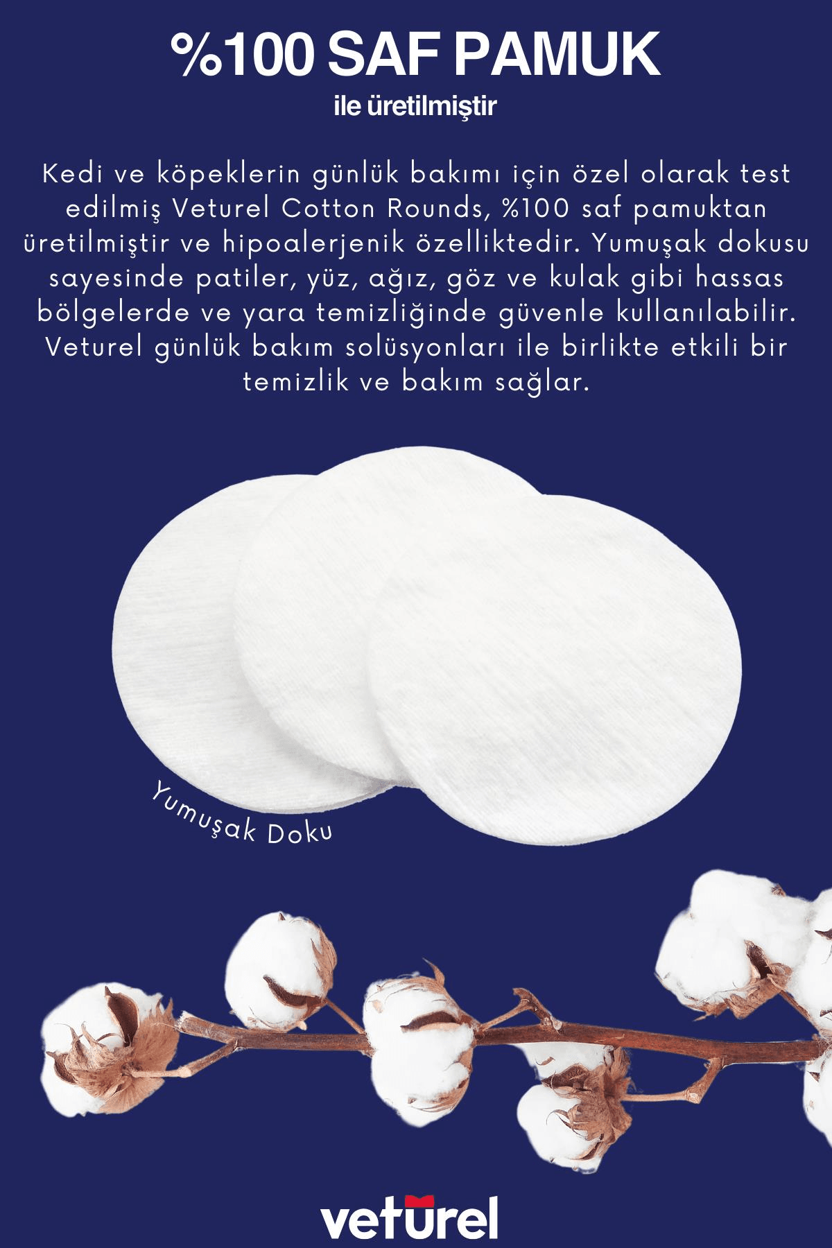 Veturel Disk Pamuk Saf Pamuk Yuvarlak Yumuşak Hipoalerjenik Çok Amaçlı Evcil Hayvanlar İçin 50li