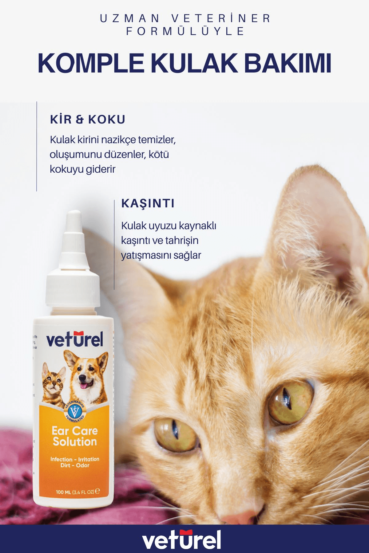 Veturel Köpek Kulak Temizleme Solüsyon Kir Enfeksiyon Kaşıntı Koku Kulak Uyuzu 100ml Disk Pamuk 50li