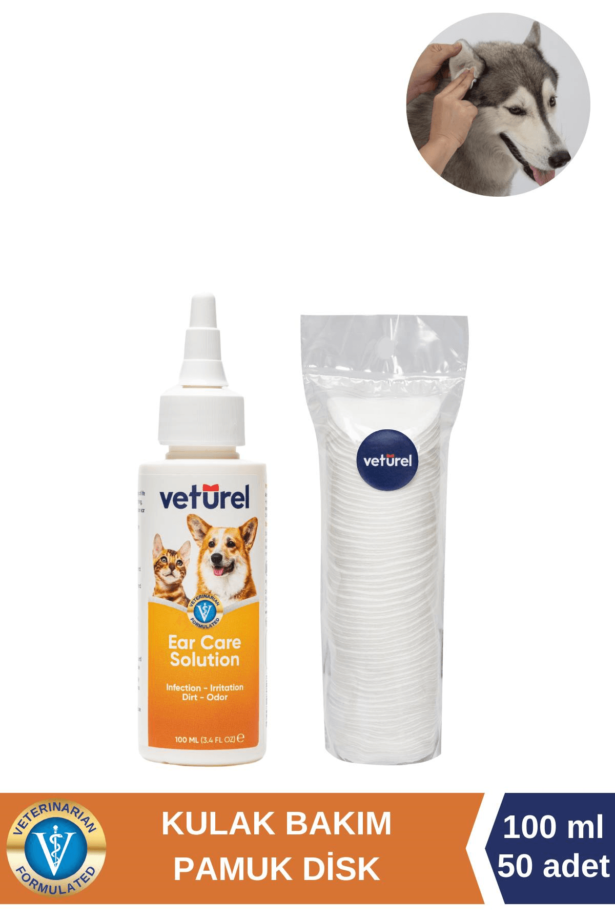 Veturel Köpek Kulak Temizleme Solüsyon Kir Enfeksiyon Kaşıntı Koku Kulak Uyuzu 100ml Disk Pamuk 50li