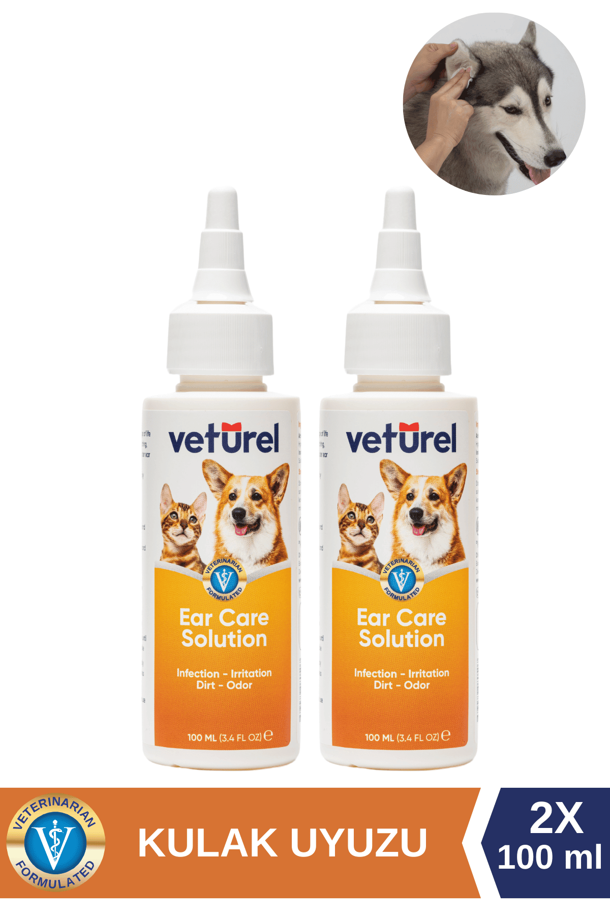 Köpek Kulak Temizleme Solüsyonu Kedi Kulak Uyuzu Kir Enfeksiyon Kaşıntı Koku Önleyici Damla 2x100ml