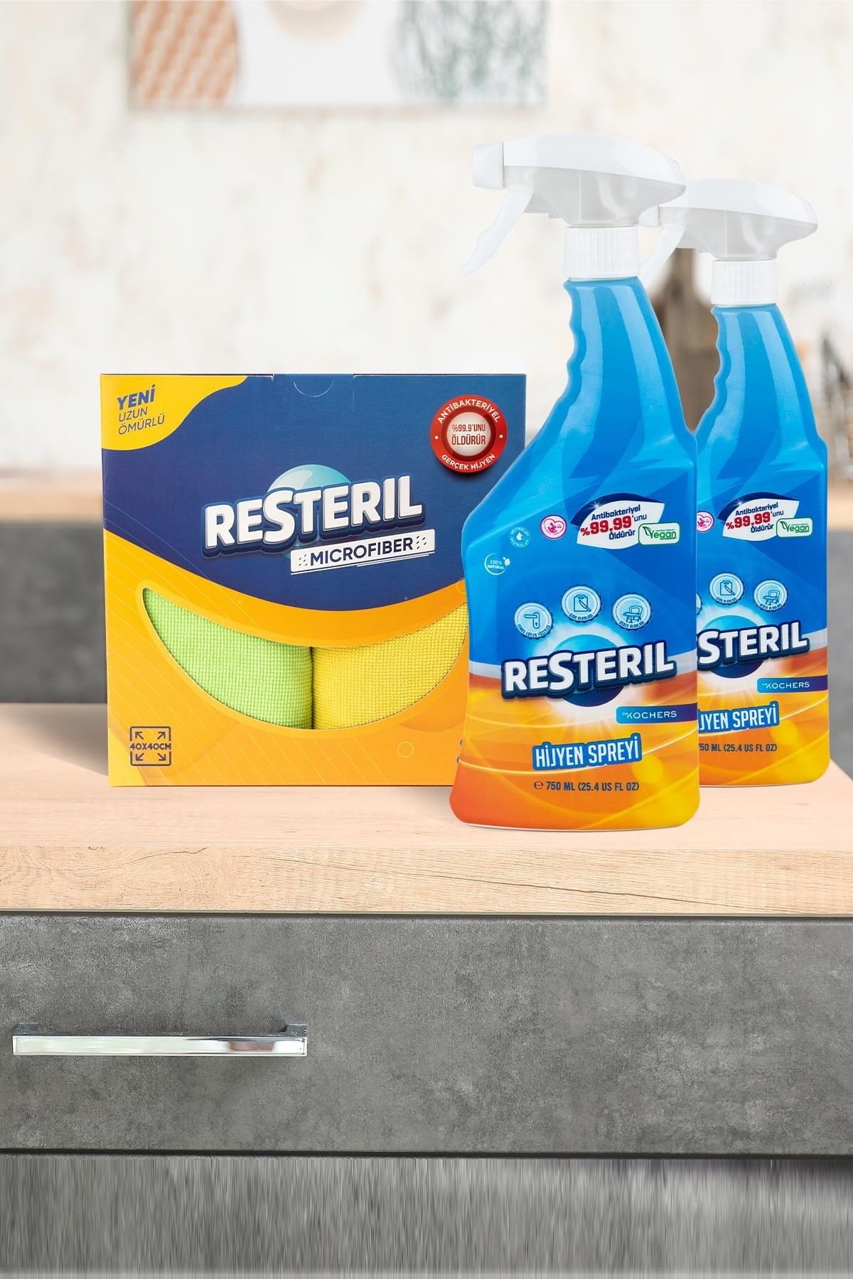 Antibakteriyel Anti Koku Doğal Yüzey Temizleyici Mutfak Hijyen Seti 2x750ml+2'li Mikrofiber Bez