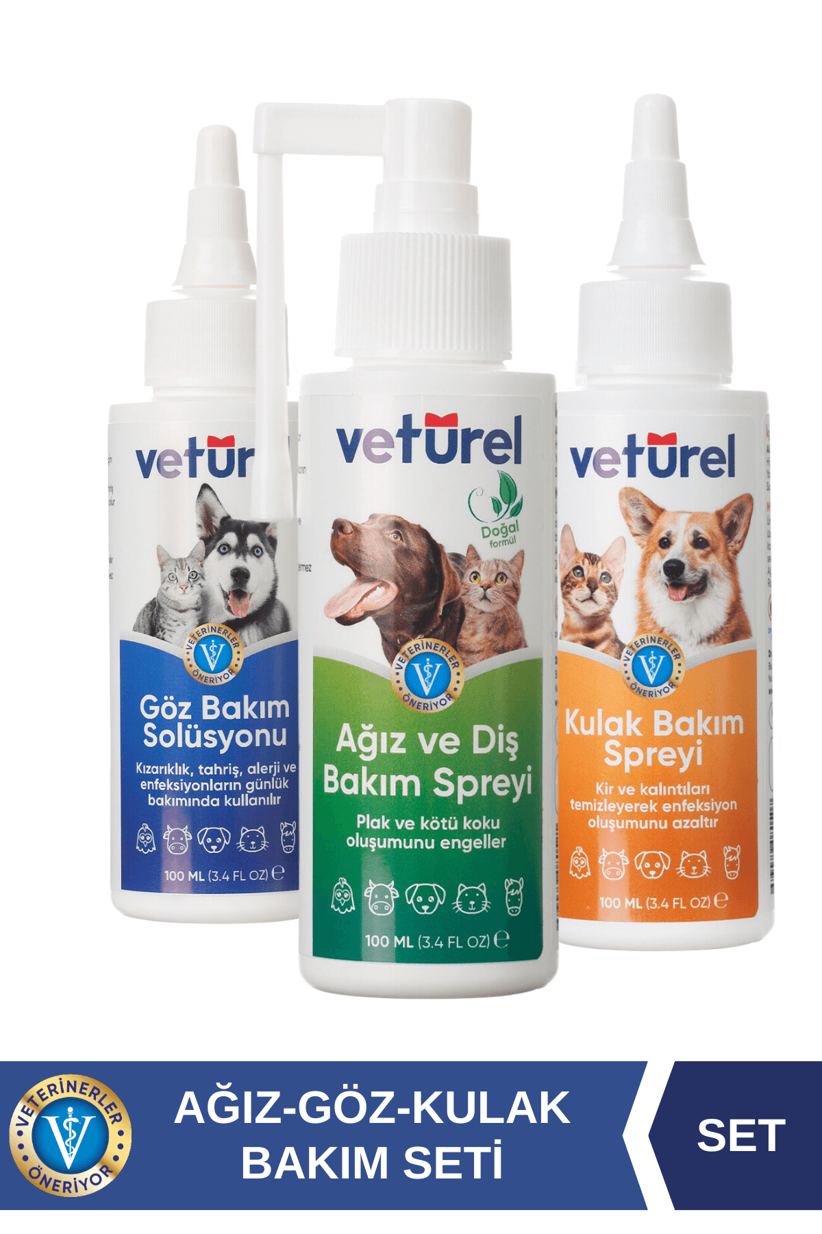 Kedi Köpek Göz Ağız Kulak Uyuzu Enfeksiyon Gözyaşı Lekesi Plak Koku Giderici Bakım Seti 3x100ml