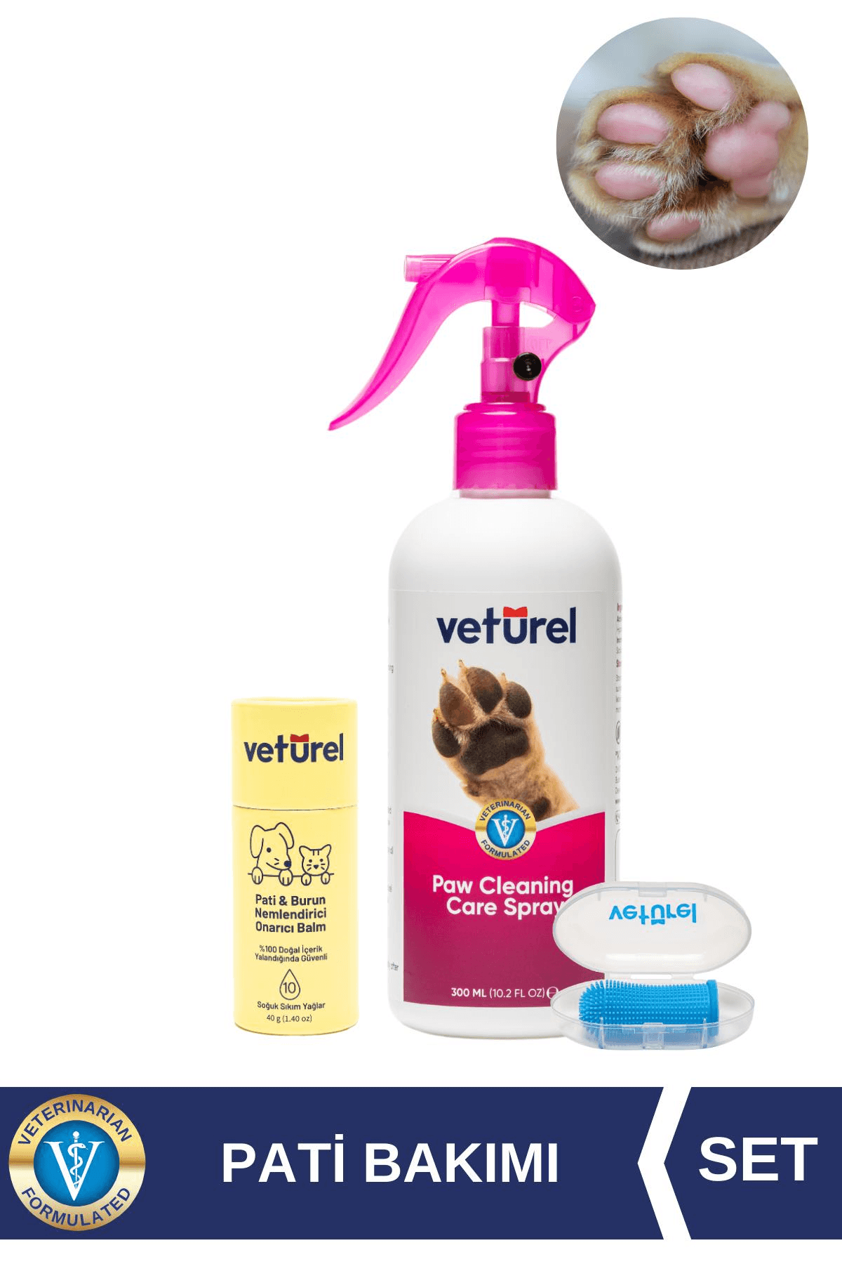 Kedi Diş Fırçası ve %100 Doğal Pati Balm Nemlendirici Koruyucu Stick + Pati Kir Koku Giderici Sprey