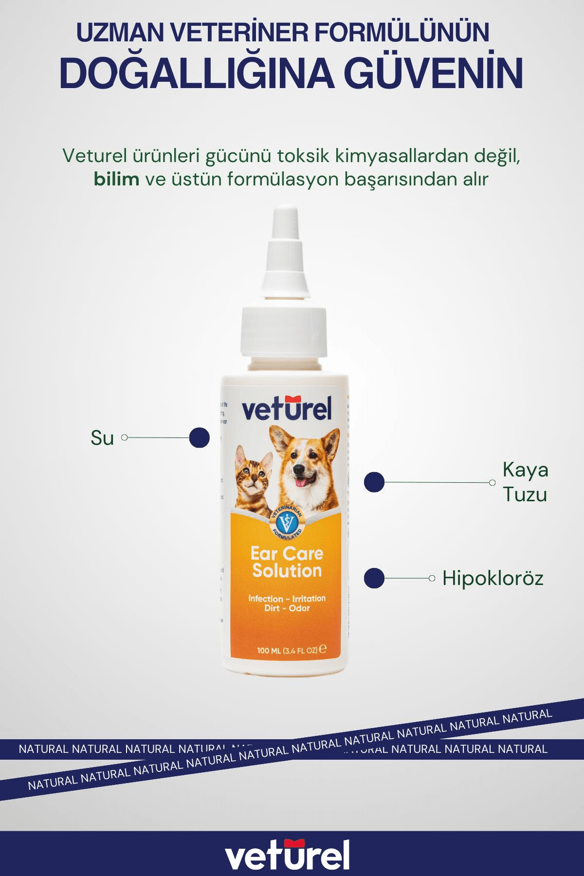 Veturel Köpek Kulak Temizleme Solüsyon Kir Enfeksiyon Kaşıntı Koku Kulak Uyuzu 100ml Disk Pamuk 50li
